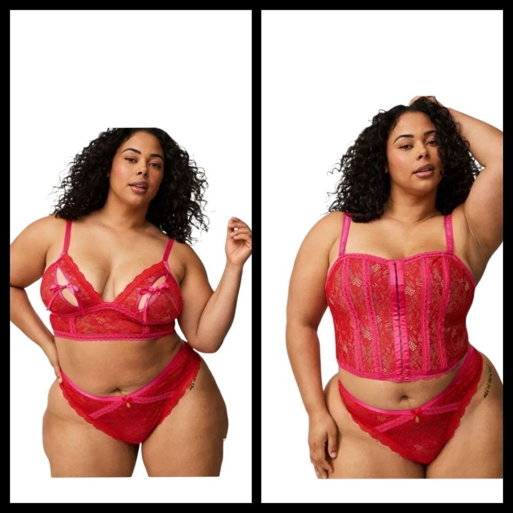 4X 26W Torrid Pink Red 3 Piece Lingerie Set Bustier Bralette Thong Corset Lace